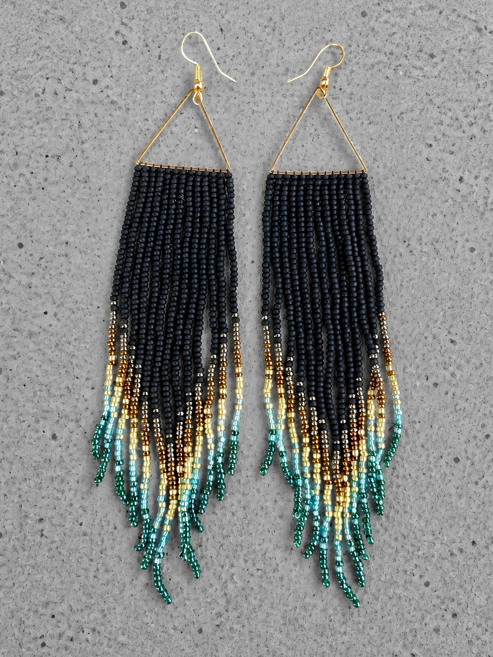 Raven Geo Whimsigoth Boho Fringe Seed Bead Earrings Beaded Jewelry- Black Gold